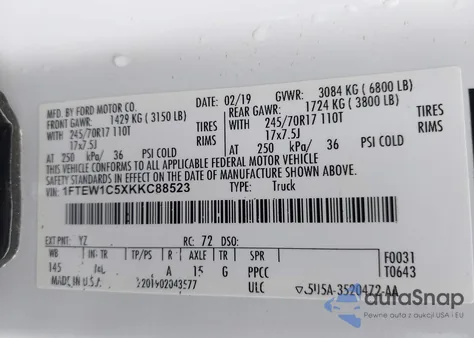 2019 Ford F-150 Xlt из США, поврежденный, VIN 1FTEW1C5XKKC88523